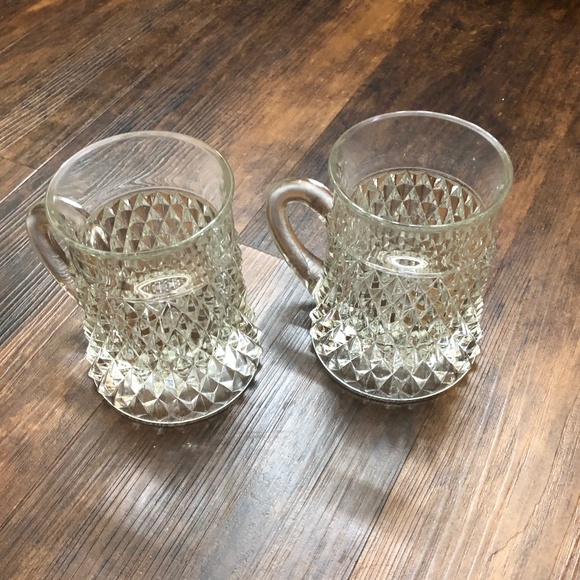 S/2 Heavy Diamond Point Cut Glass Mugs Steins for coffee, beer, hot toddy, latte - Picture 2 of 11